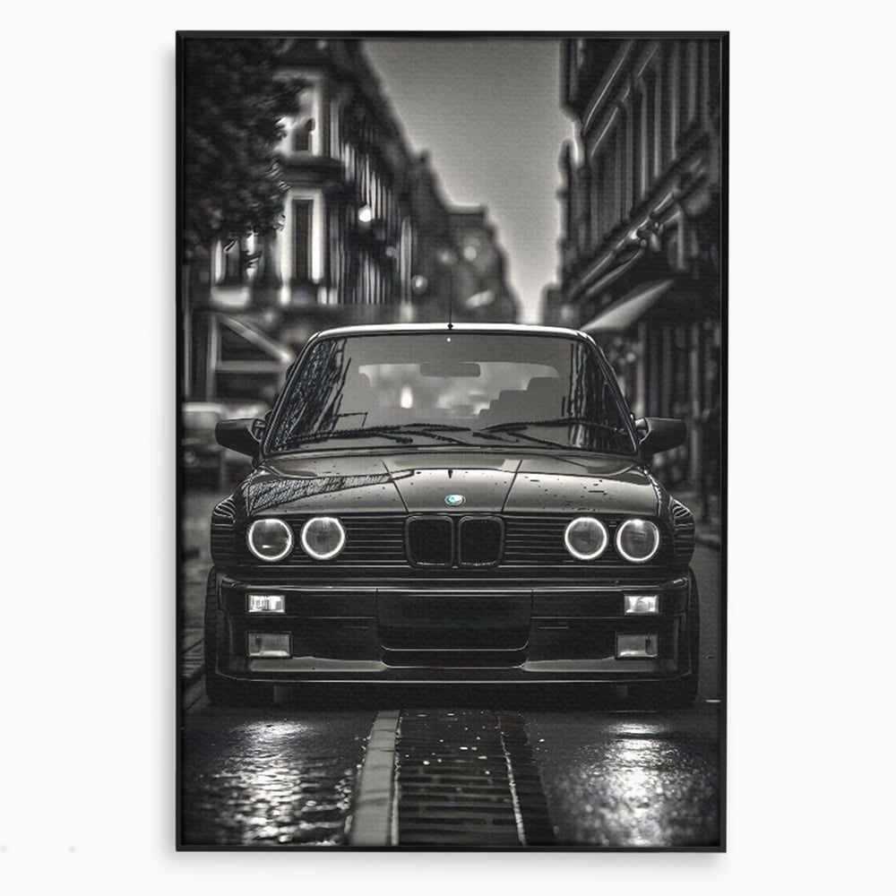 Tablou canvas cu tablou canvas cu masina bmw clasica, in rama de aluminiu negru